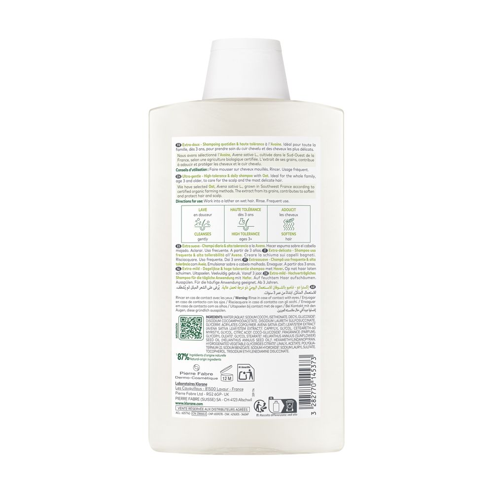 Retro del flacone di shampoo Klorane. Testo: Istruzioni per l'uso, ingredienti, informazioni del produttore.