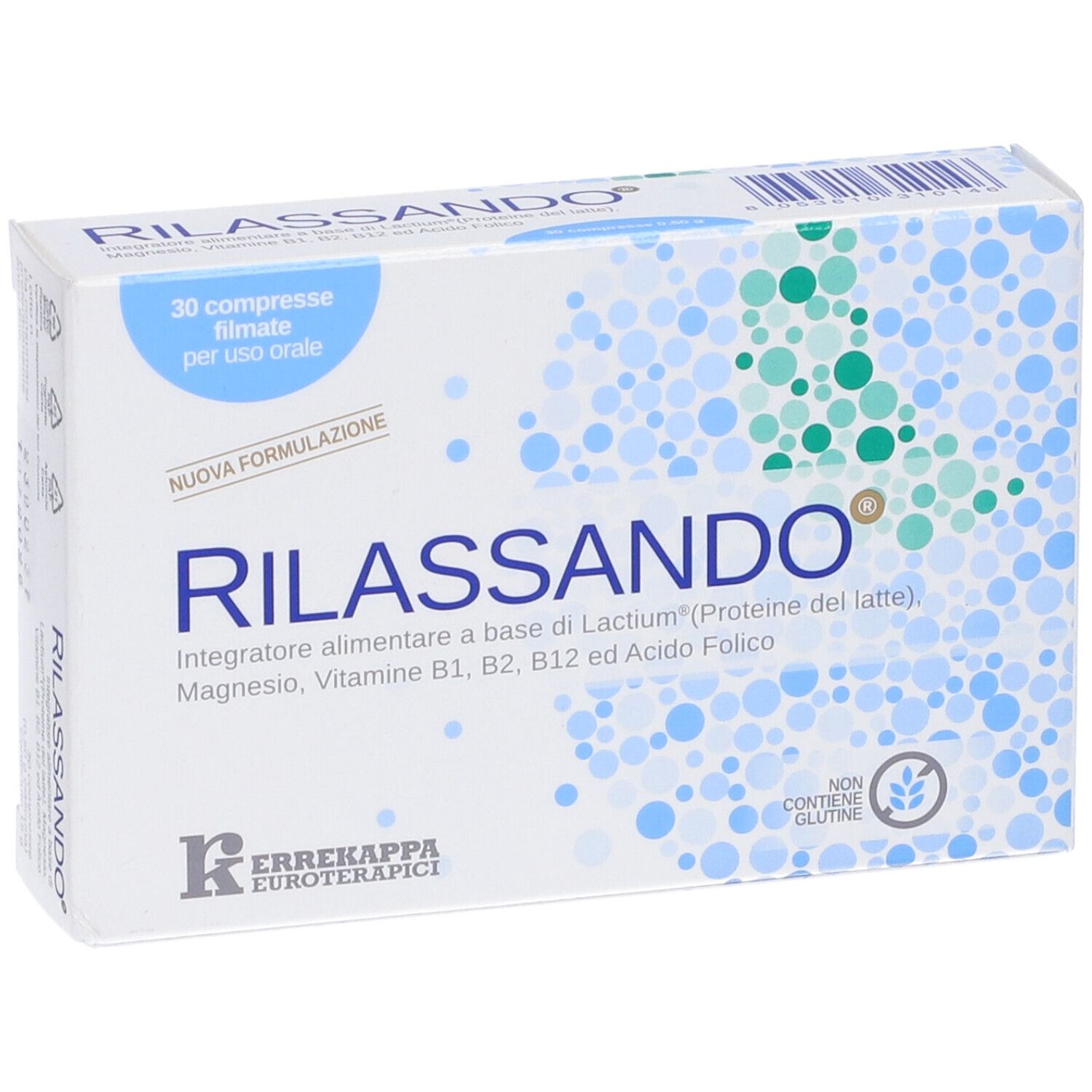 Schachtel mit RILASSANDO® Tabletten. Blaue und weiße Verpackung mit Produktnamen und Inhaltsstoffen. 30 Tabletten.