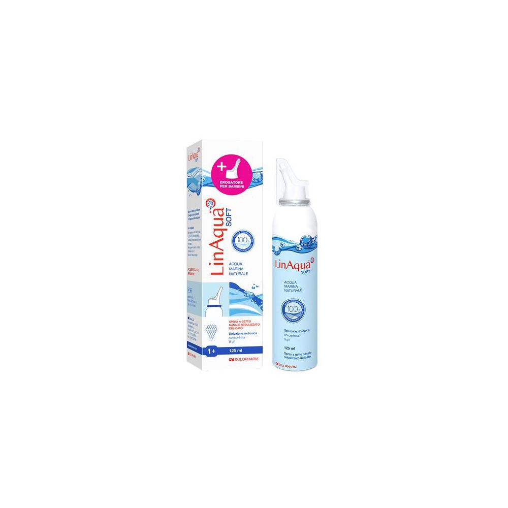 Spray nasale e confezione. Scritta: LinAqua Soft, Acqua Naturale, 100%. Flacone con erogatore spray.