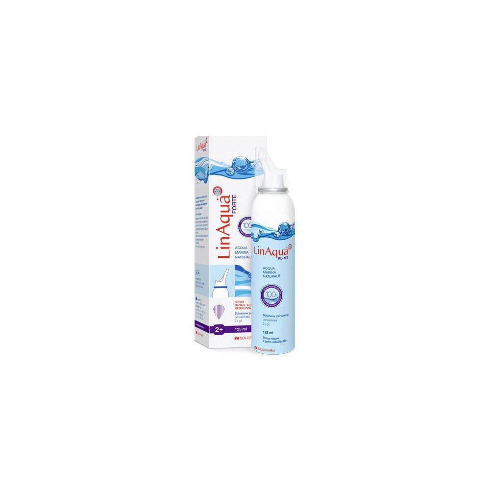 Spray nasale e confezione. Scritta: Linaqua Forte. Confezione blu e bianca. Flacone con nebulizzatore.