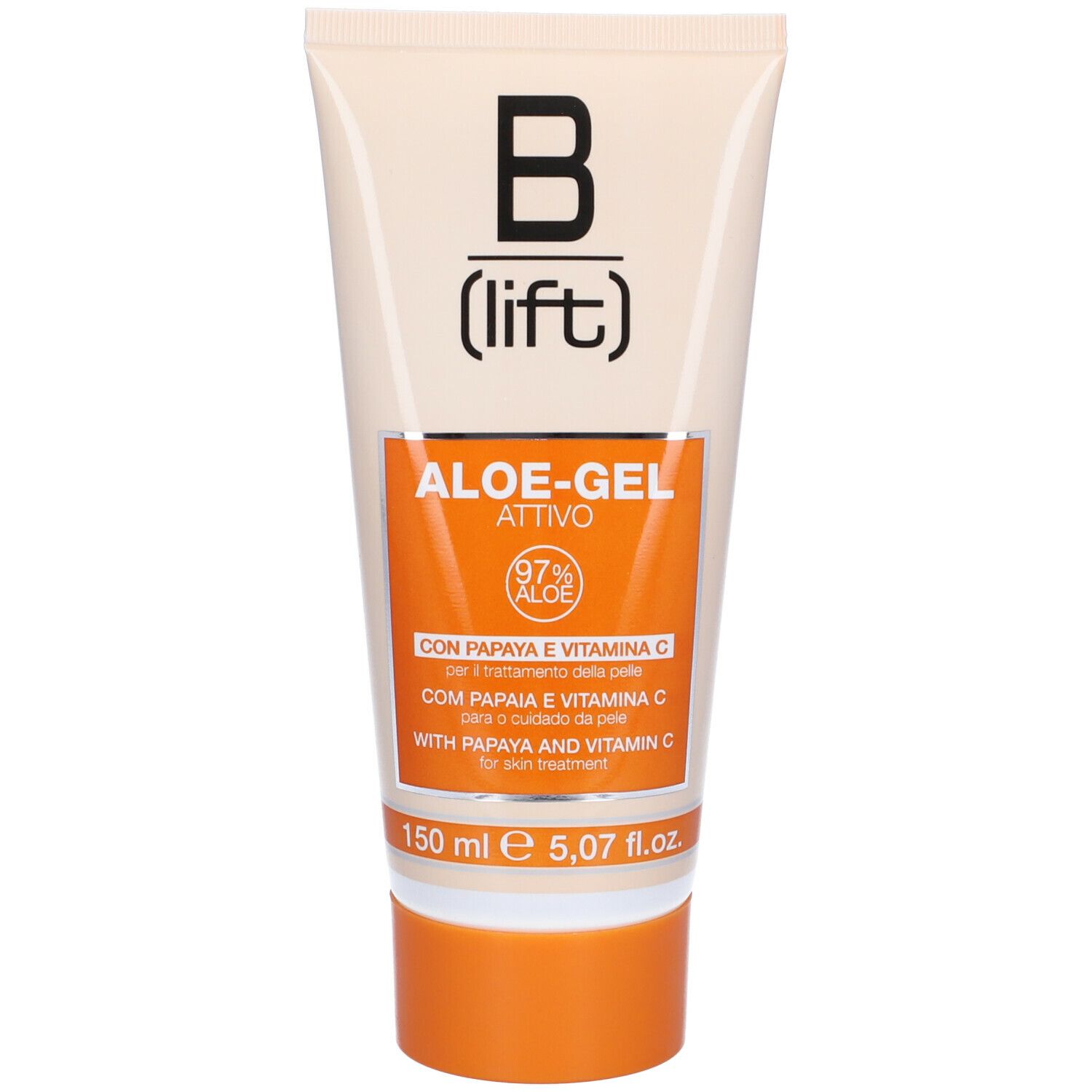 Tubo crema B (lift) ALOE-GEL attivo. Contiene papaya, vitamina C e 97% aloe. Chiusura arancione.