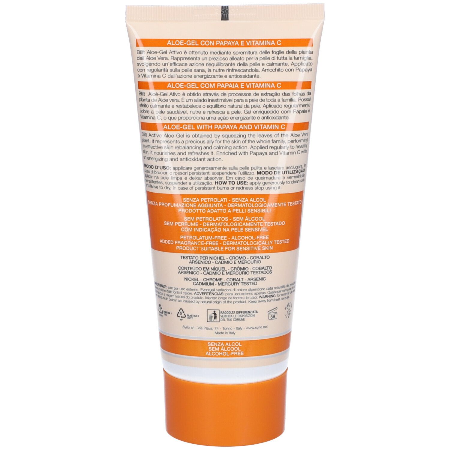 Retro del tubo crema. Testo in italiano e inglese. Chiusura arancione.