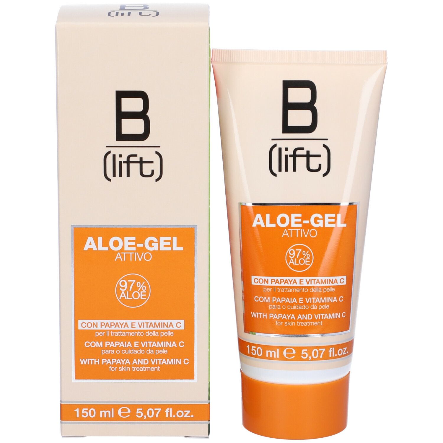 Prodotto e confezione. Tubo crema B (lift) ALOE-GEL attivo e scatola. Contiene papaya, vitamina C e 97% aloe.