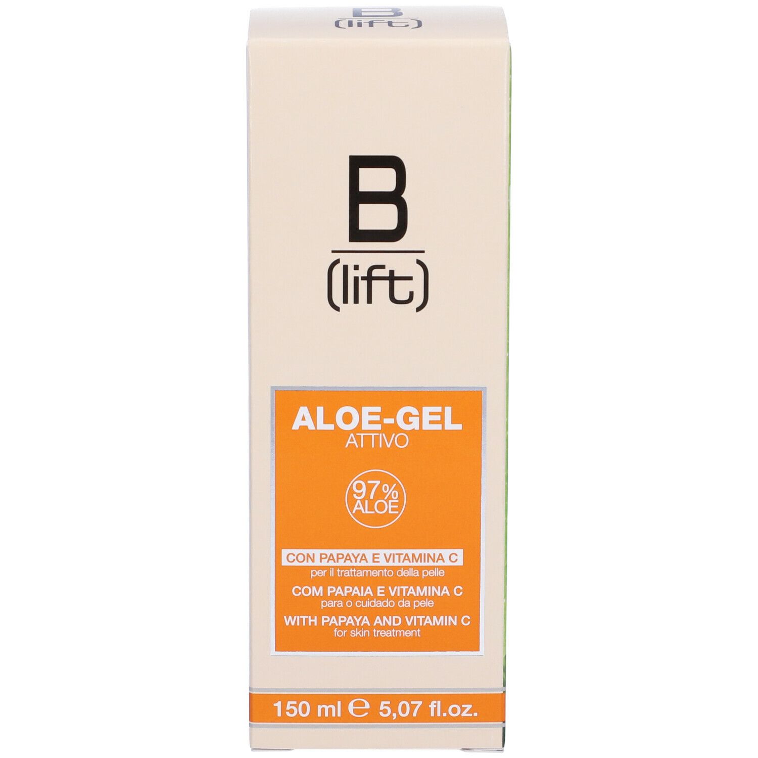 Scatola con B (lift) ALOE-GEL attivo. Contiene papaya, vitamina C e 97% aloe. Dettagli arancioni.