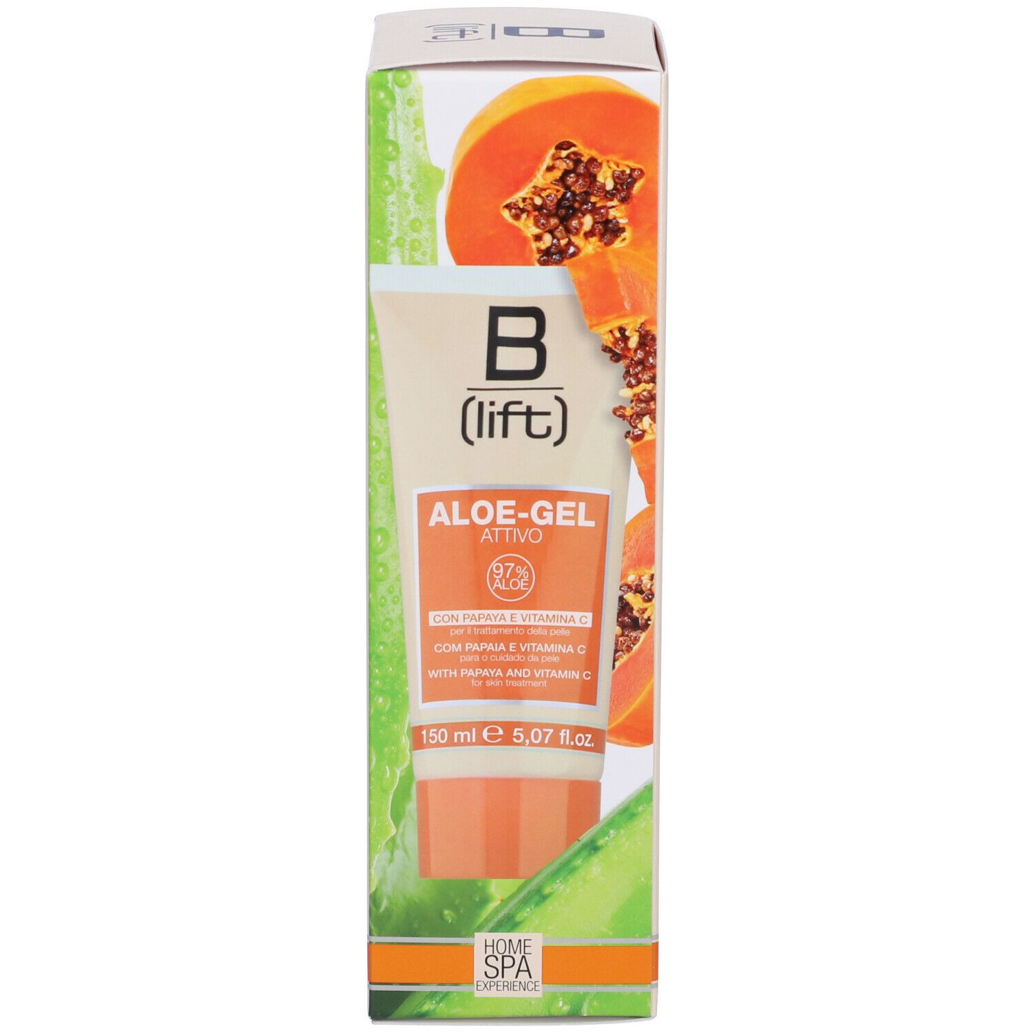 Prodotto e confezione. Tubo crema B (lift) ALOE-GEL attivo e scatola. Immagine di papaya e aloe.