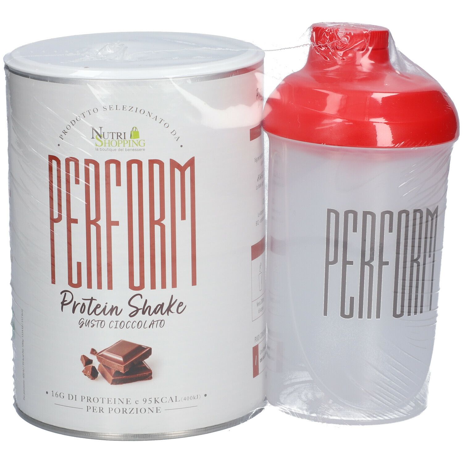 Barattolo di PERFORM Protein Shake Gusto Cioccolato e shaker. Shaker con coperchio rosso.