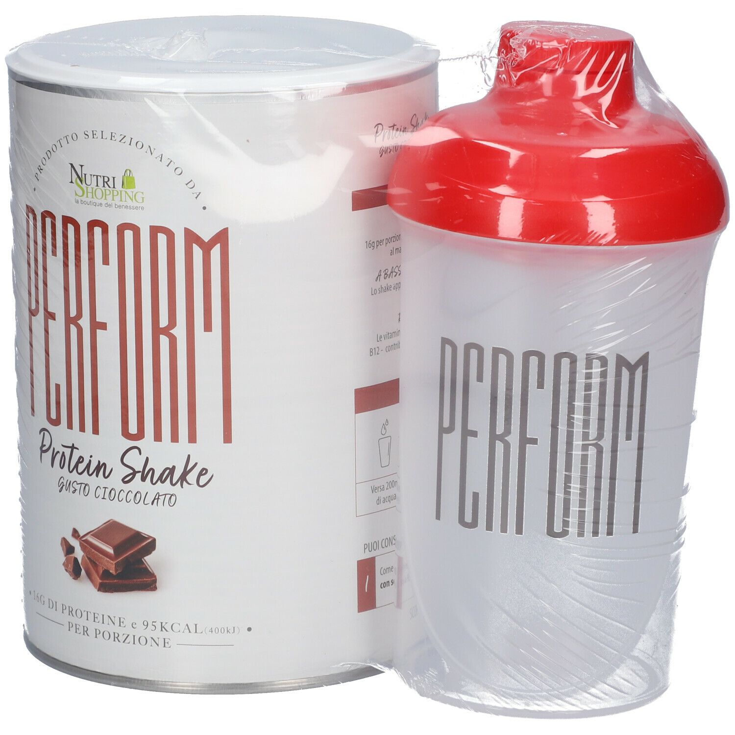 Barattolo di PERFORM Protein Shake Gusto Cioccolato e shaker. Shaker con coperchio rosso.