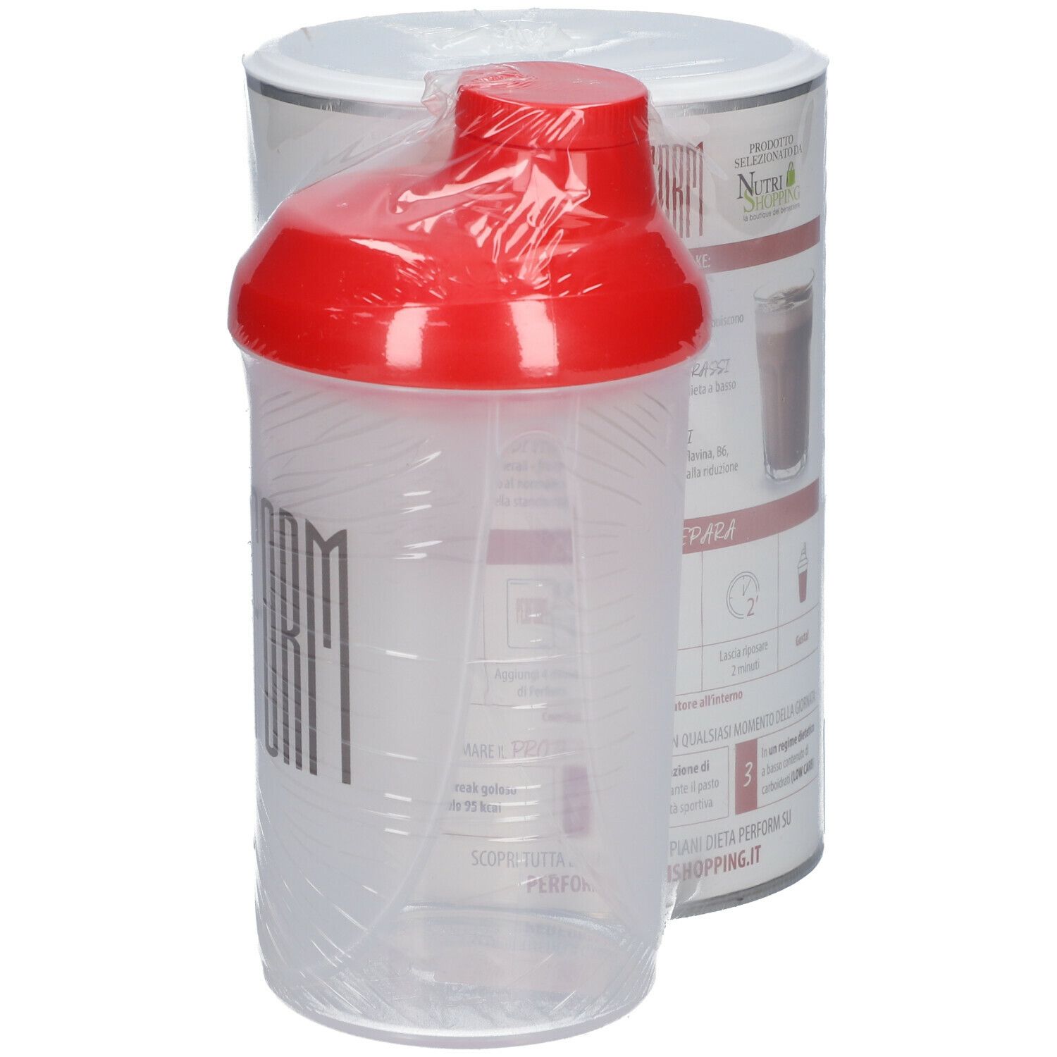 Shaker con coperchio rosso e barattolo di shake proteico. Barattolo con informazioni e illustrazione. Shaker confezionato.