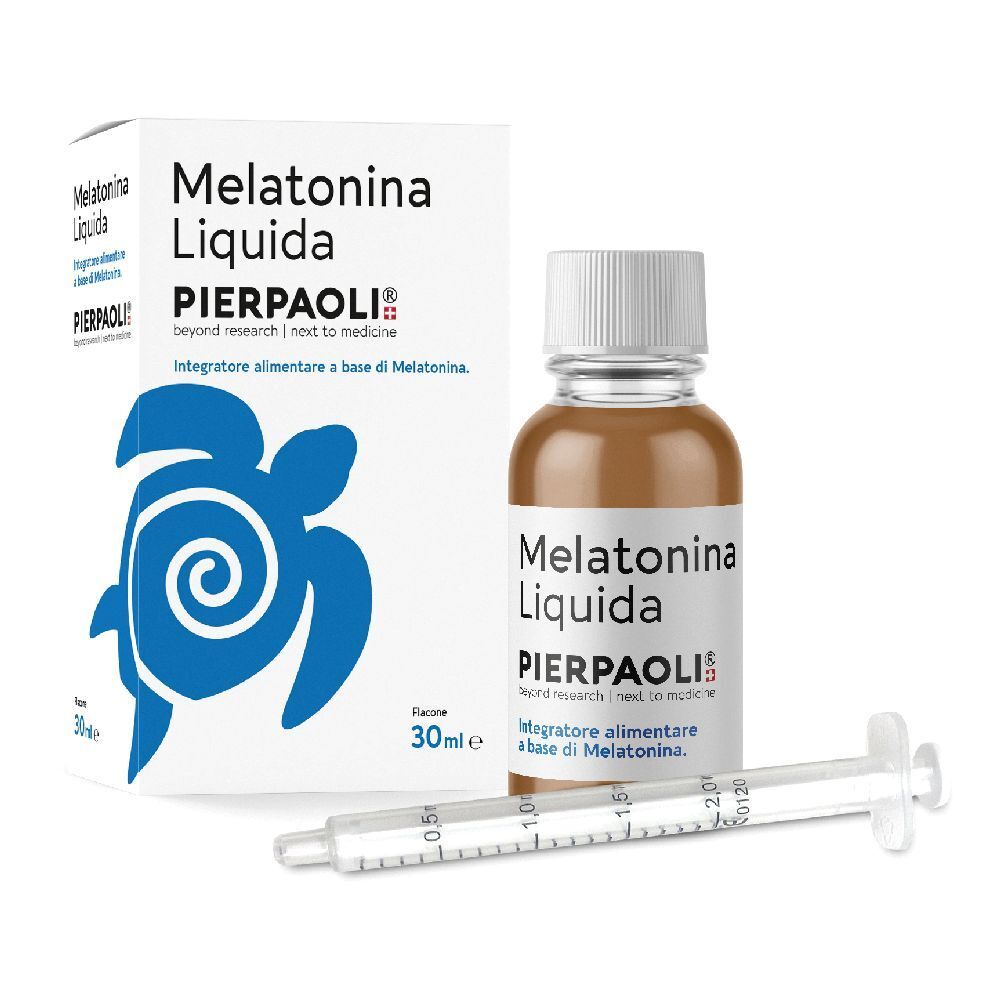 Flacone di liquido marrone e scatola. Scritta: Melatonina Liquida, PIERPAOLI®.