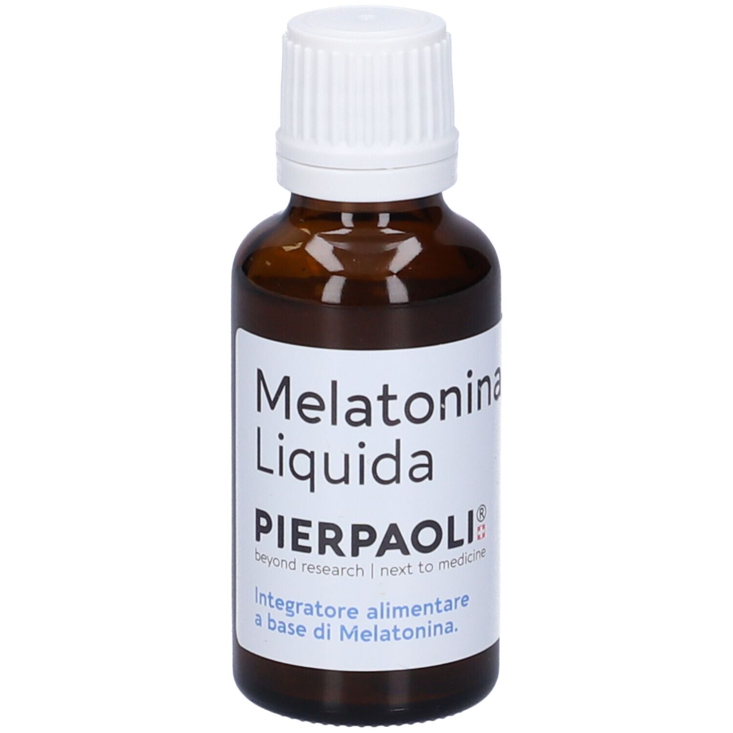 Flacone marrone con etichetta bianca. Scritta: Melatonina Liquida, PIERPAOLI®.