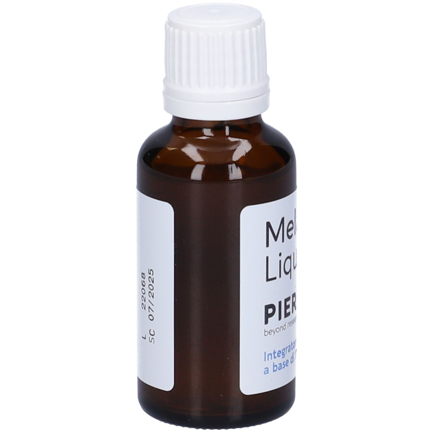 Flacone marrone con etichetta bianca. Scritta: Melatonina Liquida, PIERPAOLI®.