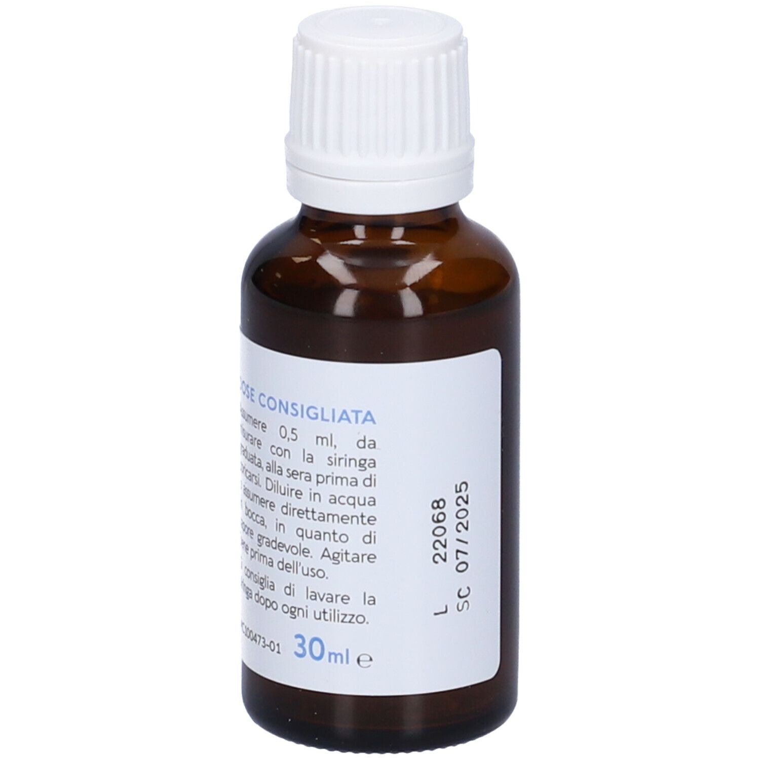 Flacone marrone con etichetta bianca. Scritta: Melatonina Liquida, PIERPAOLI®.