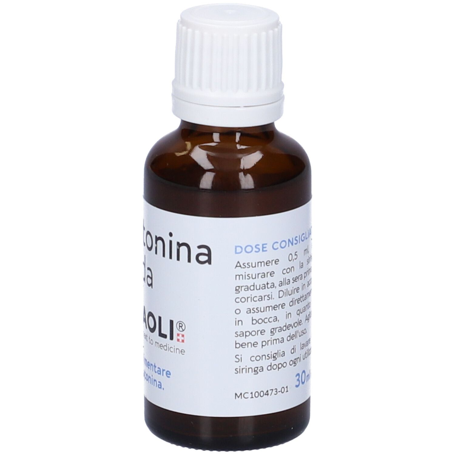 Flacone marrone con etichetta bianca. Scritta: Melatonina Liquida, PIERPAOLI®.