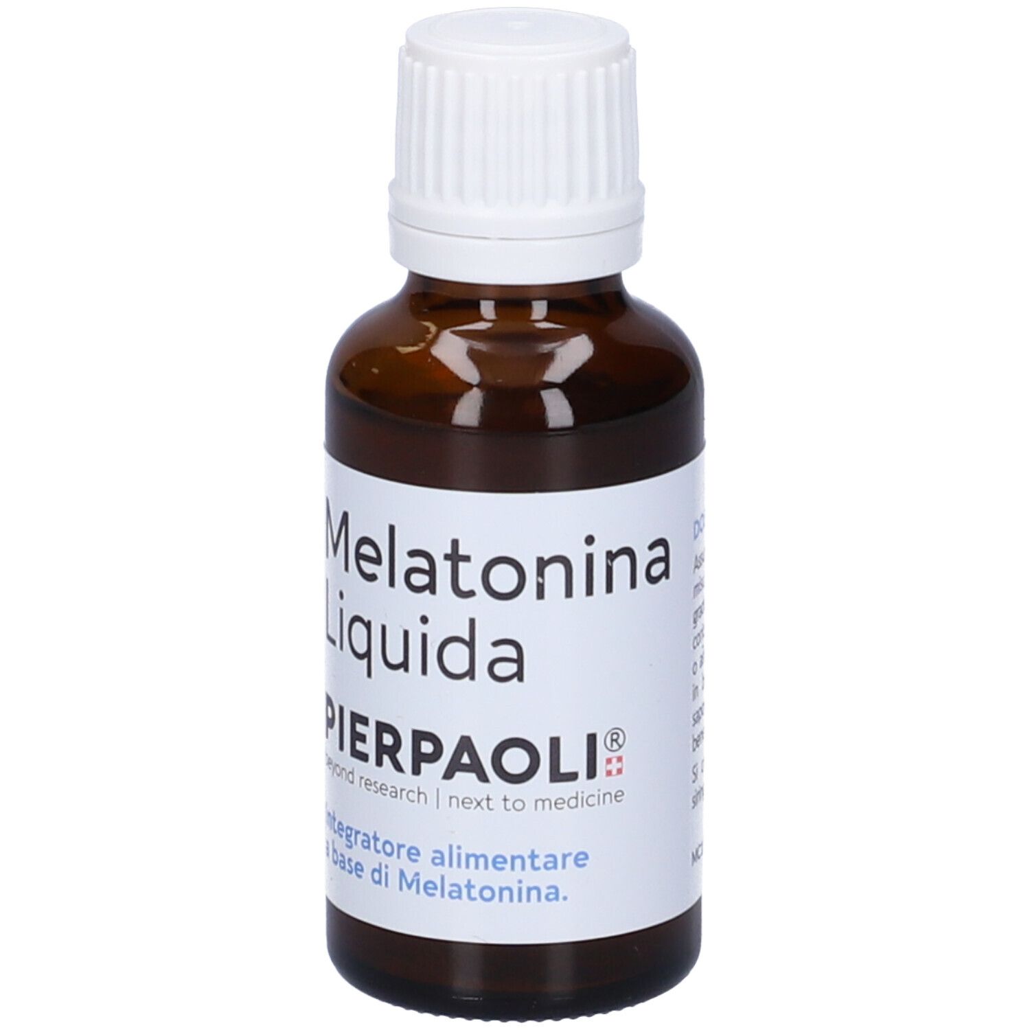 Flacone marrone con etichetta bianca. Scritta: Melatonina Liquida, PIERPAOLI®.