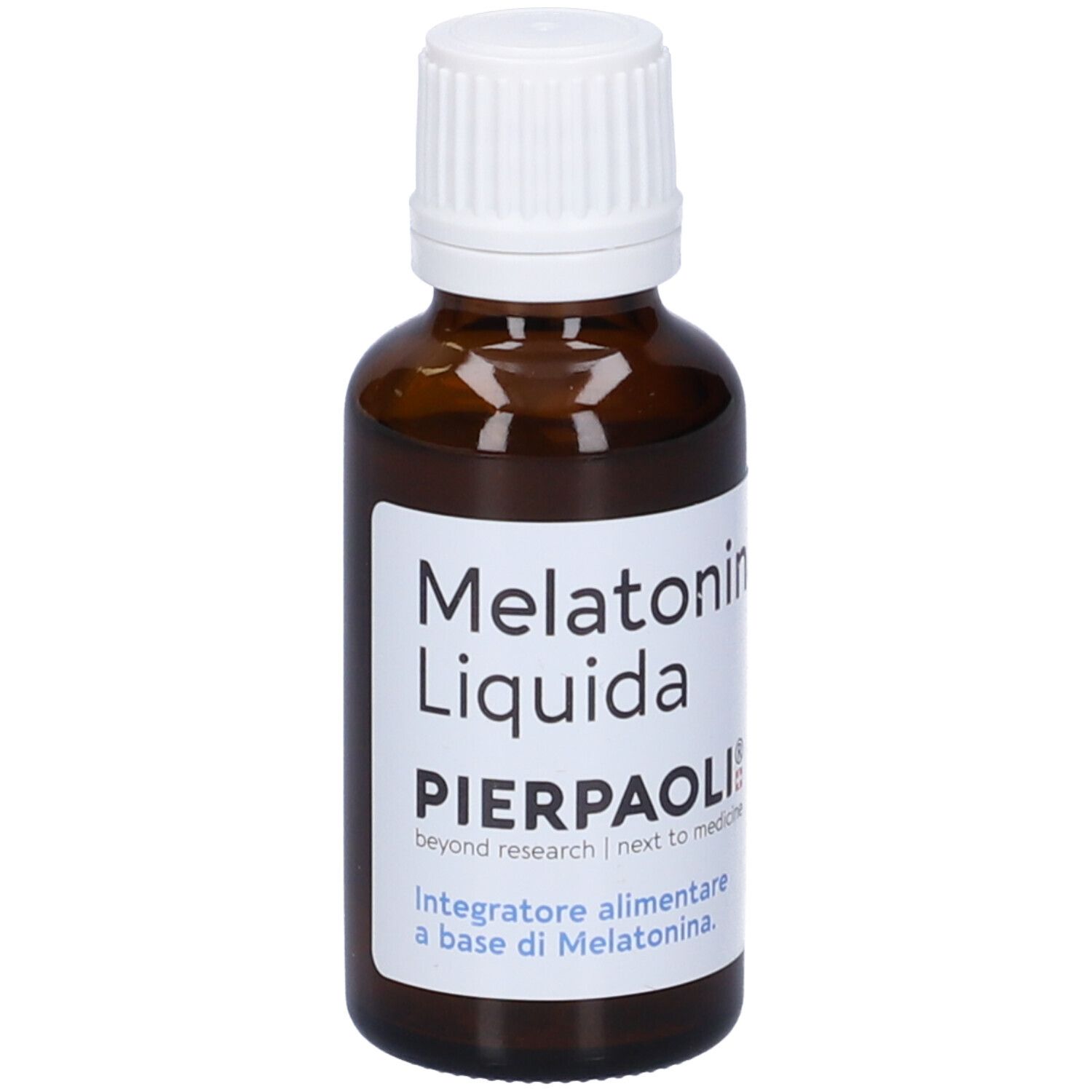 Flacone marrone con etichetta bianca. Scritta: Melatonina Liquida, PIERPAOLI®.