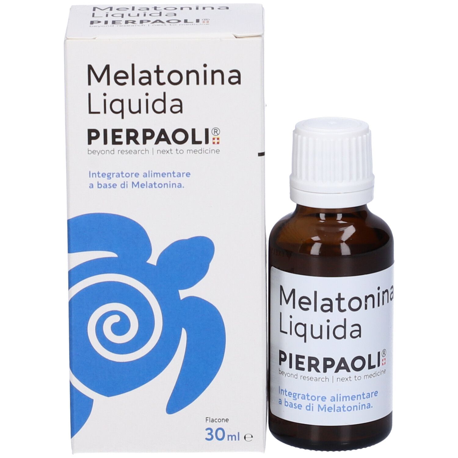 Flacone marrone e scatola. Scritta: Melatonina Liquida, PIERPAOLI®.