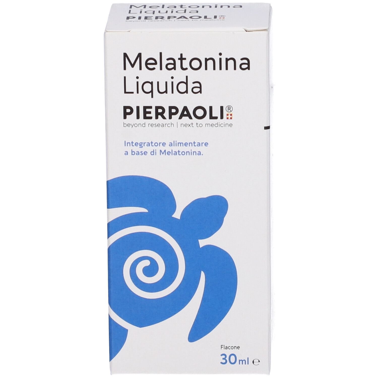Scatola con scritta Melatonina Liquida, PIERPAOLI®. Tartaruga blu.