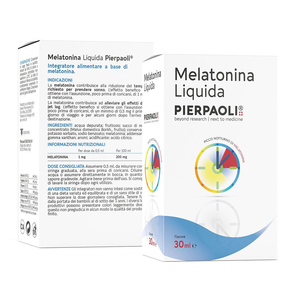 Scatola con scritta Melatonina Liquida, PIERPAOLI®. Tartaruga blu.
