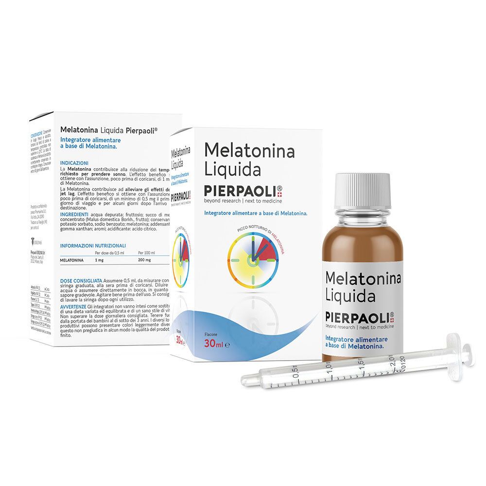 Liquido marrone in flacone, scatola e siringa. Scritta: Melatonina Liquida, PIERPAOLI®.