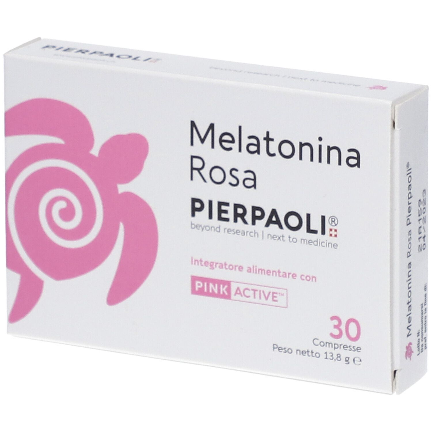 Scatola bianca con design tartaruga rosa. Scritta: Melatonina Rosa, PIERPAOLI, 30 compresse. Logo Pink Active.