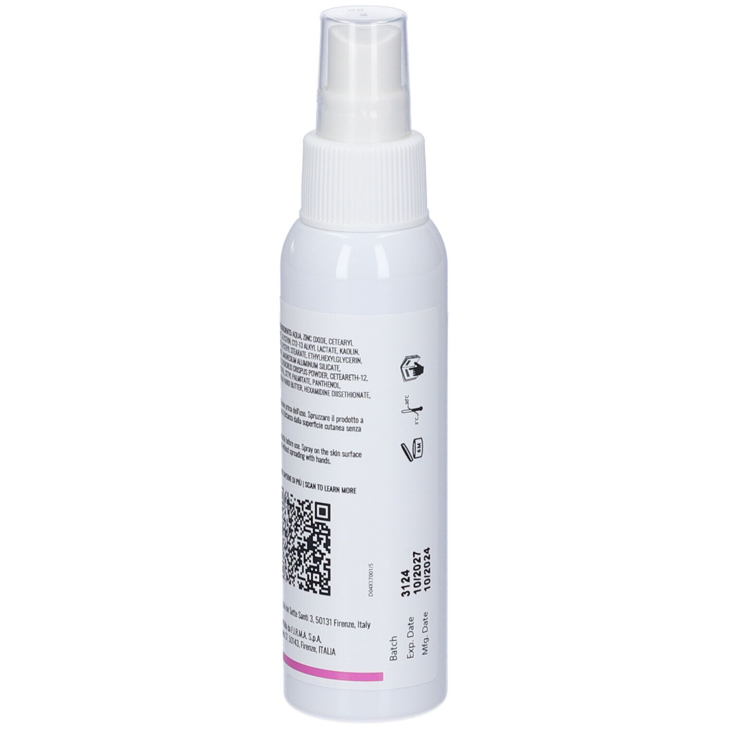 Weiße Sprühflasche mit klarem Verschluss. Enthält Produktinformationen und einen QR-Code.