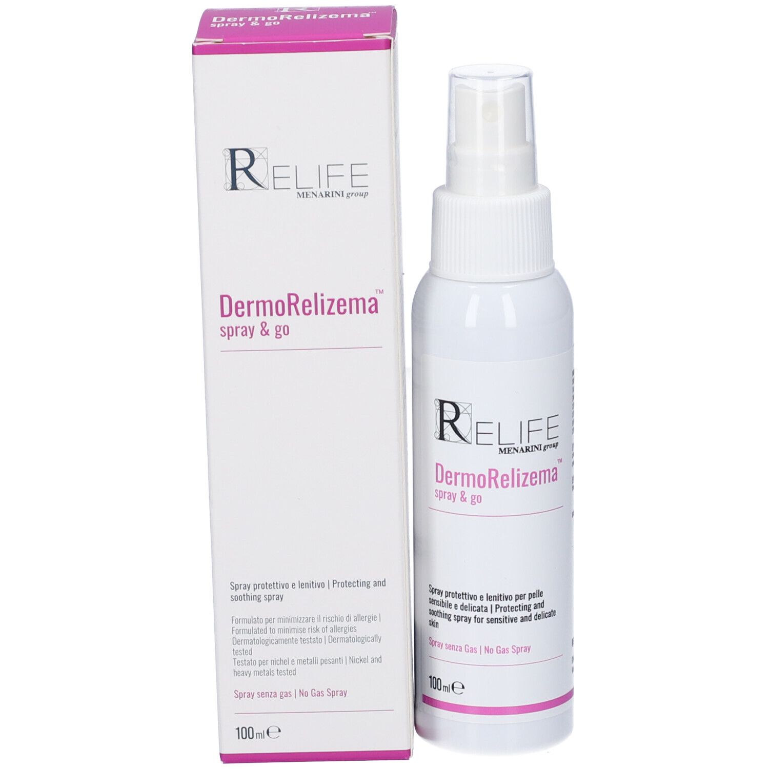 Dermorelizema Spray & Go Flasche und Karton. Schutz- und Beruhigungsspray.