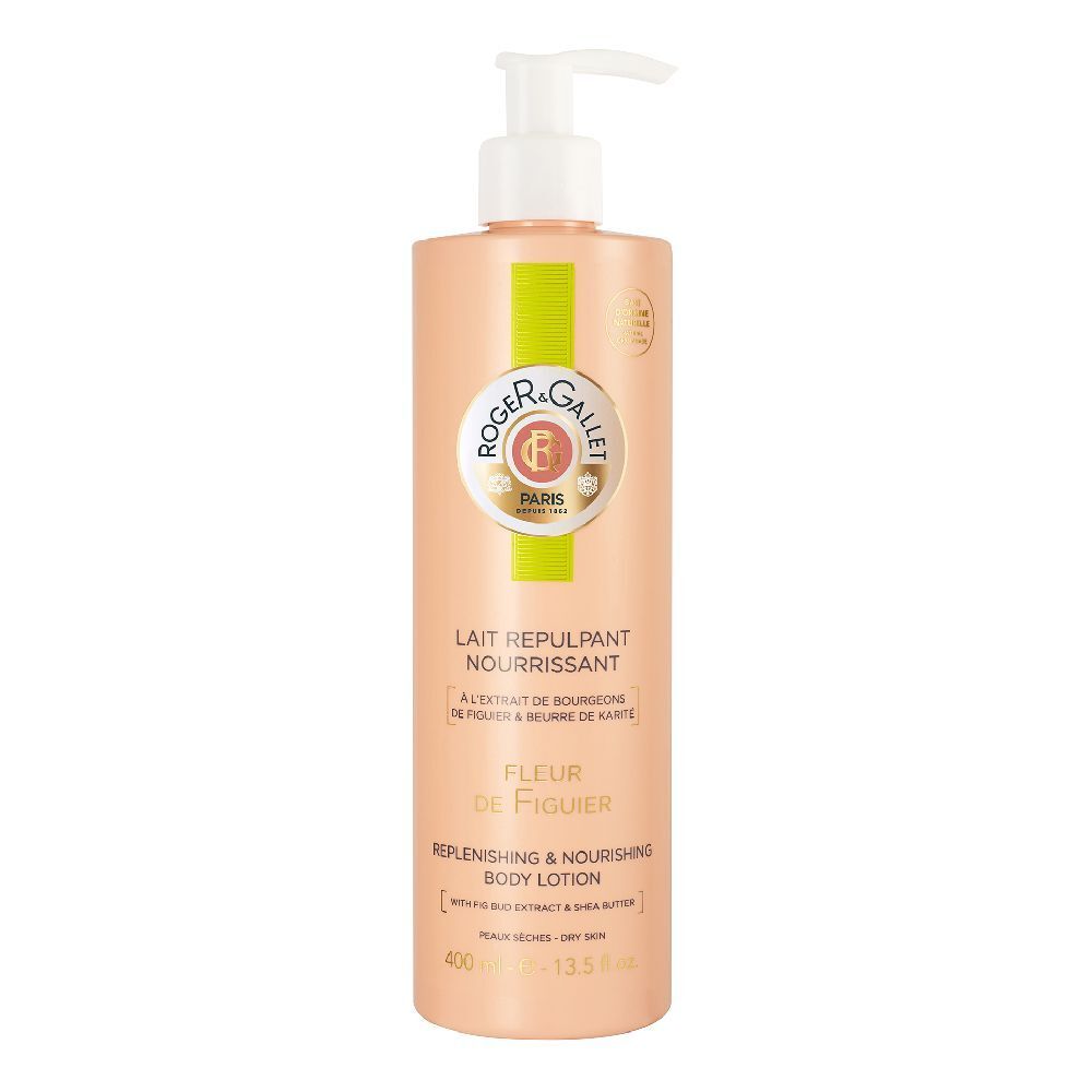 Flacone ROGER & GALLET Fleur de Figuier Latte Corpo. Flacone beige con dosatore bianco. Testo: Lait Repulpant Nourrissant, Fleur de Figuier.