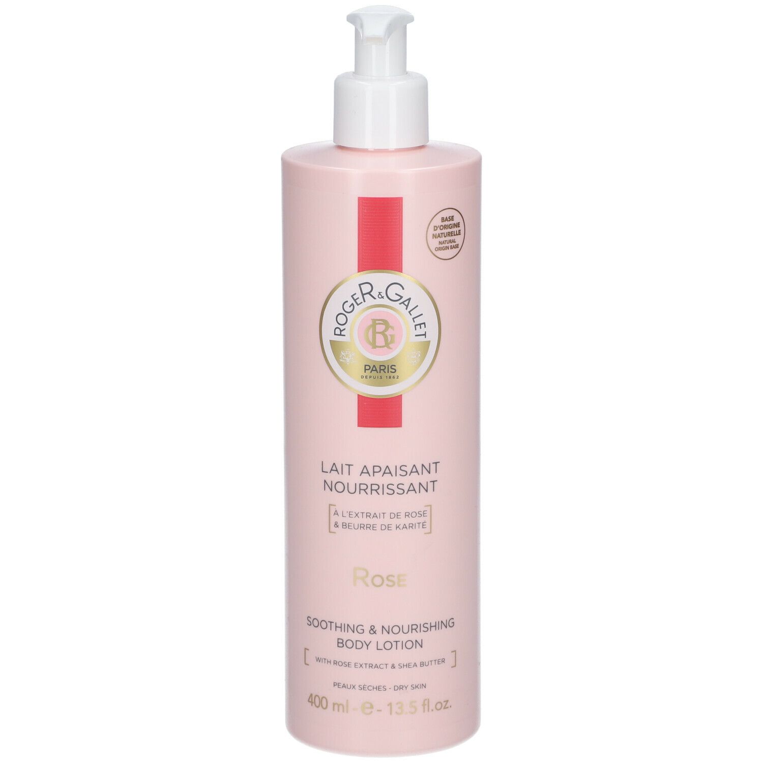 Lozione corpo rosa con dispenser. Scritta: ROGER & GALLET, Lait Apaisant Nourrissant, Rose, Soothing & Nourishing Body Lotion.