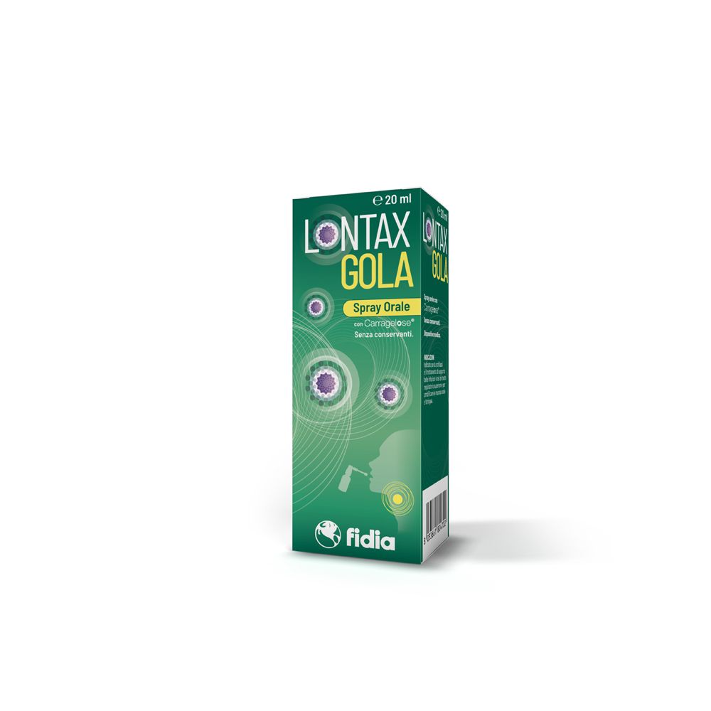 Scatola verde Lontax Gola Spray Orale, 20 ml. Marchio Fidia.