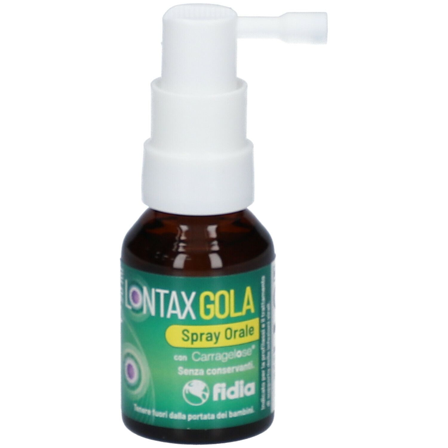 Flacone marrone con erogatore bianco. Lontax Gola Spray Orale. Fidia.