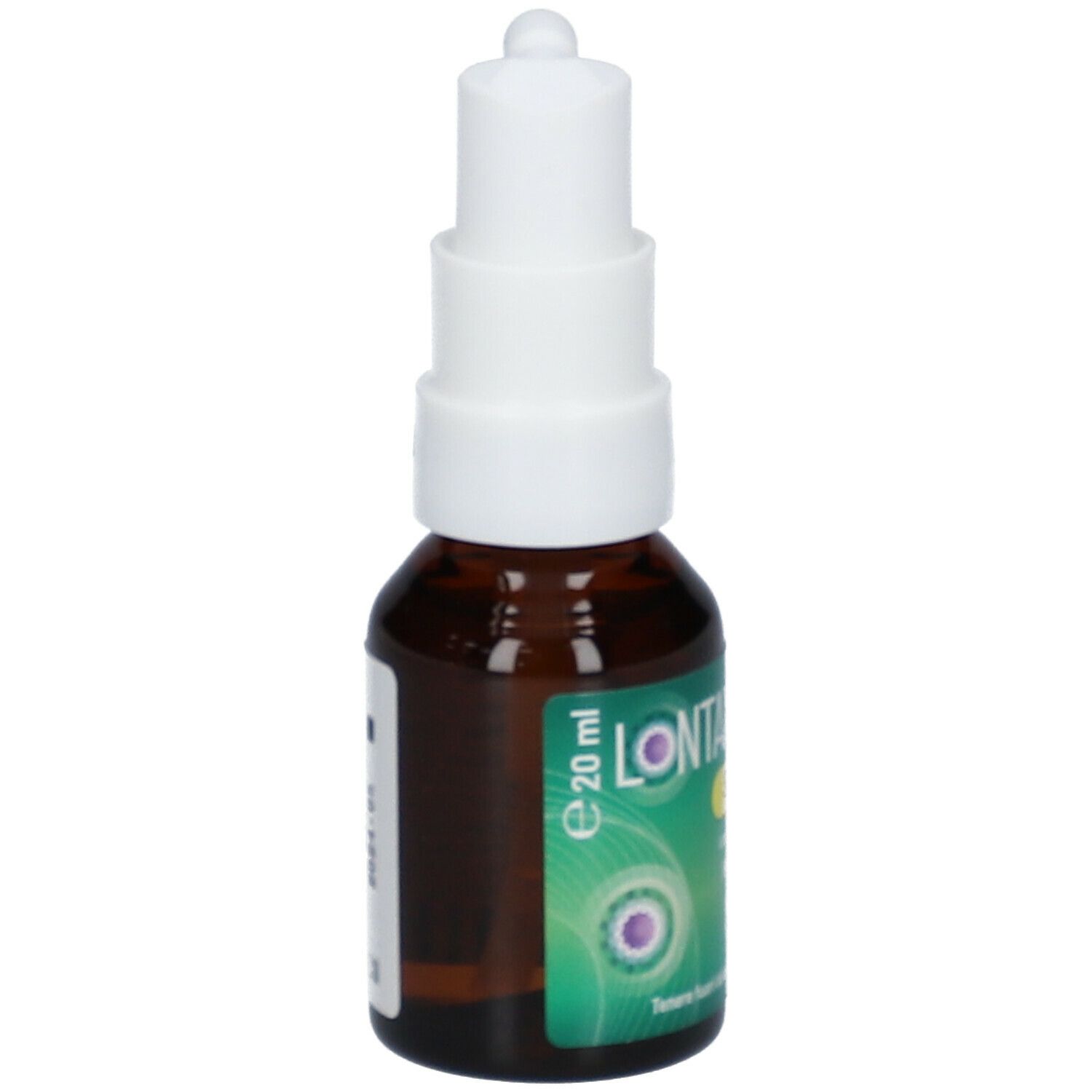 Flacone marrone con erogatore bianco. Lontax Gola Spray Orale, 20 ml.