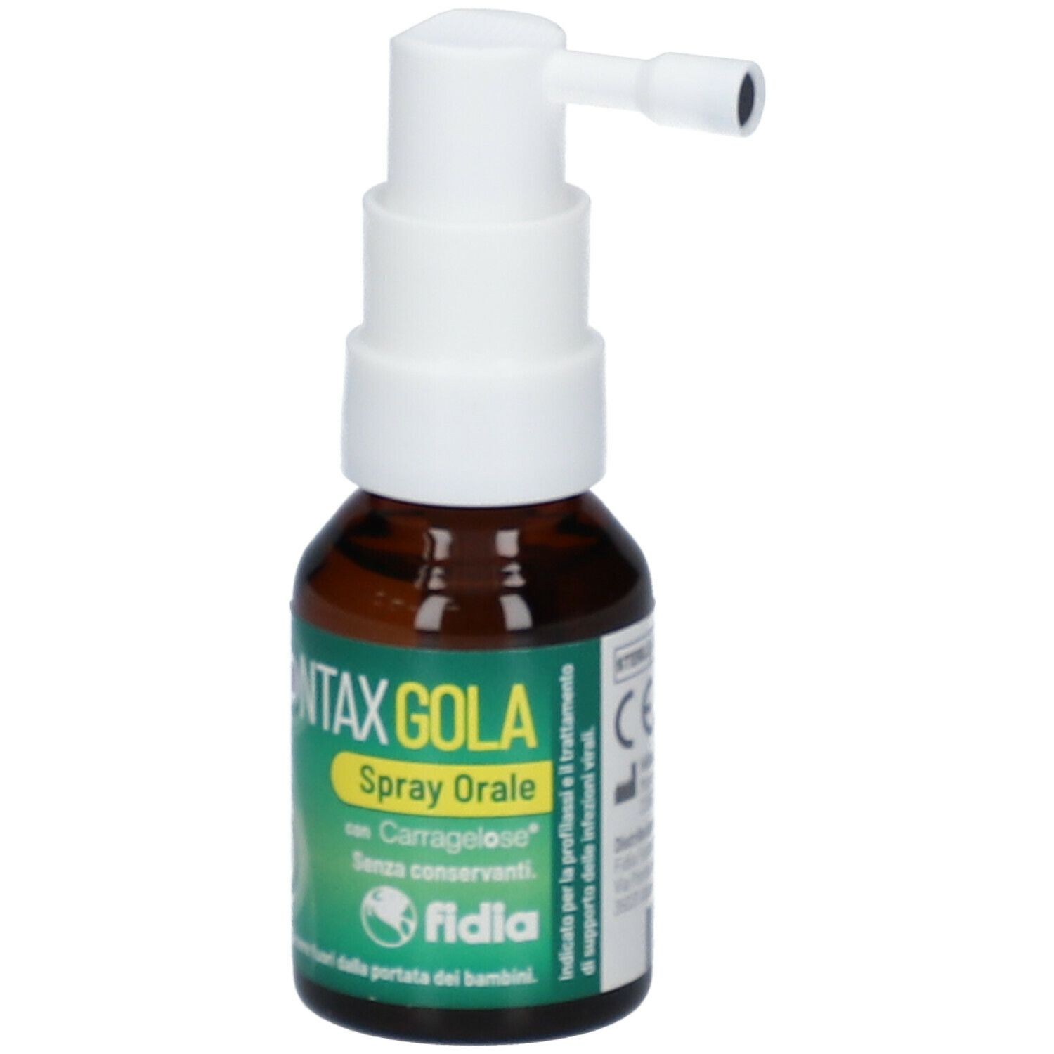 Flacone marrone con erogatore bianco. Lontax Gola Spray Orale. Fidia.