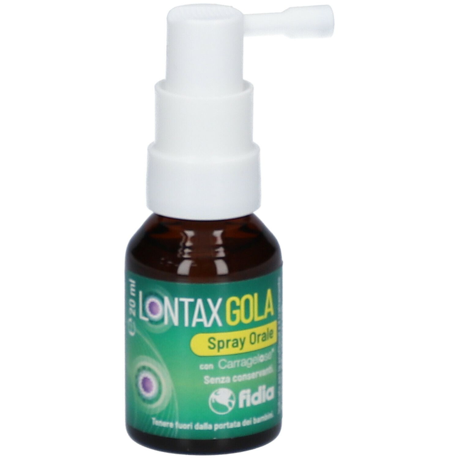 Flacone marrone con erogatore bianco. Lontax Gola Spray Orale, 20 ml.