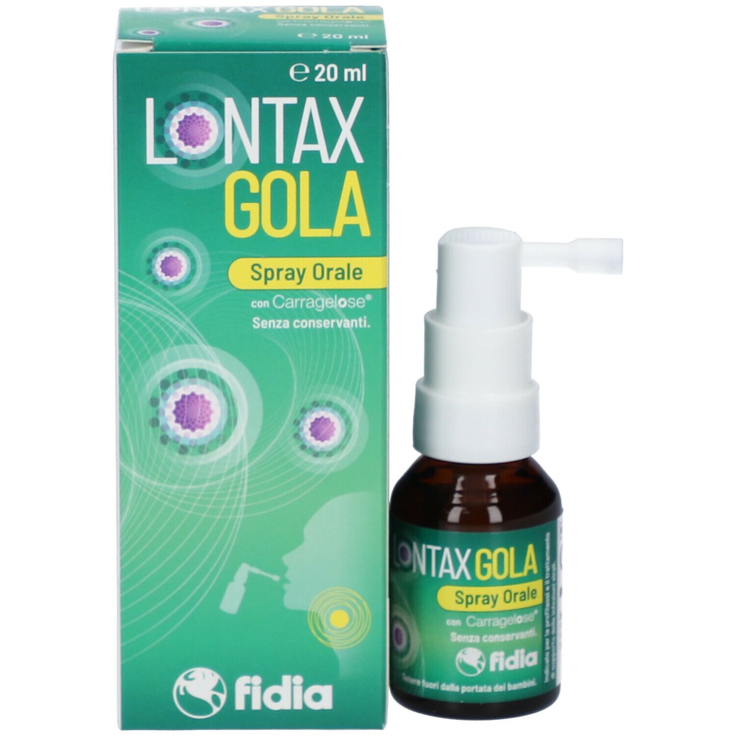 Prodotto e confezione: Lontax Gola Spray Orale. Scatola e flacone verdi.