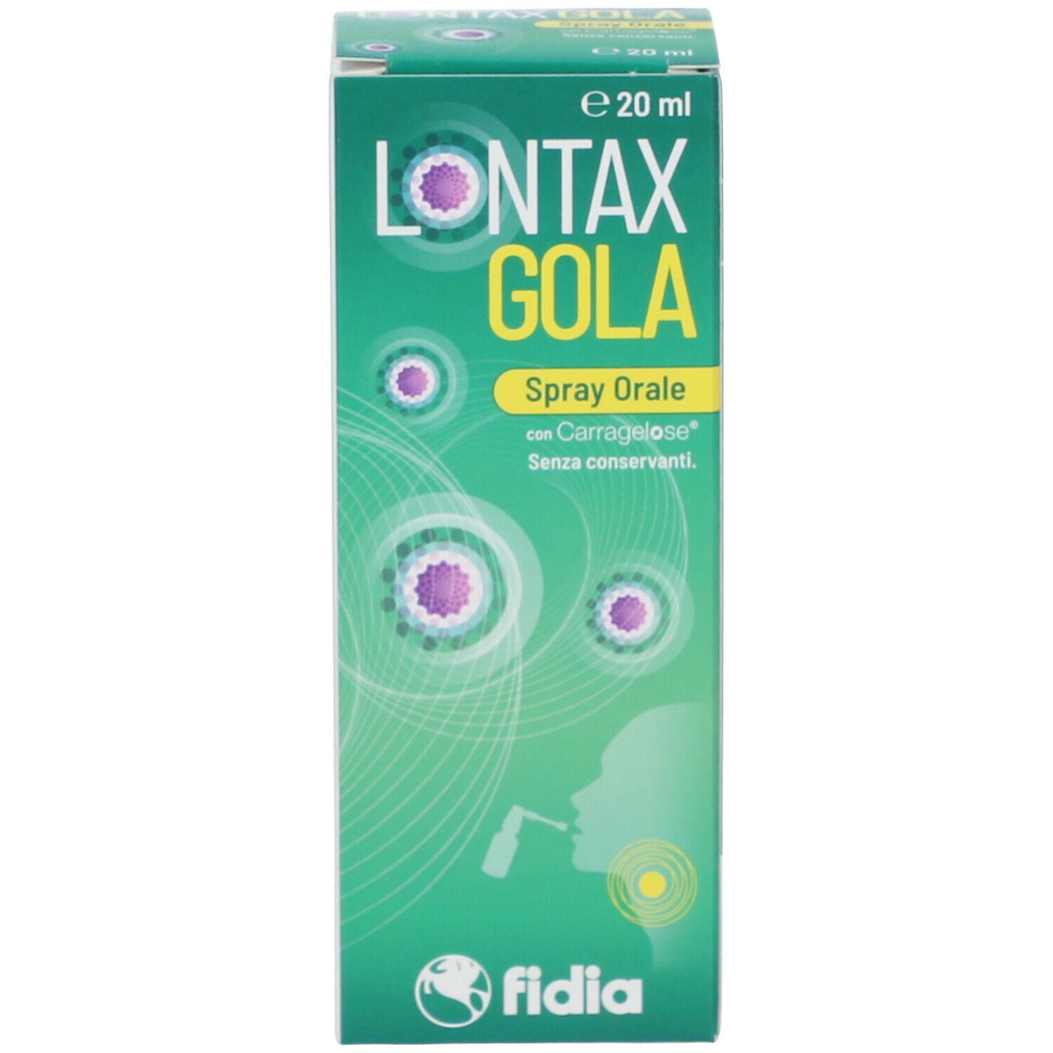 Scatola verde Lontax Gola Spray Orale, 20 ml. Marchio Fidia.