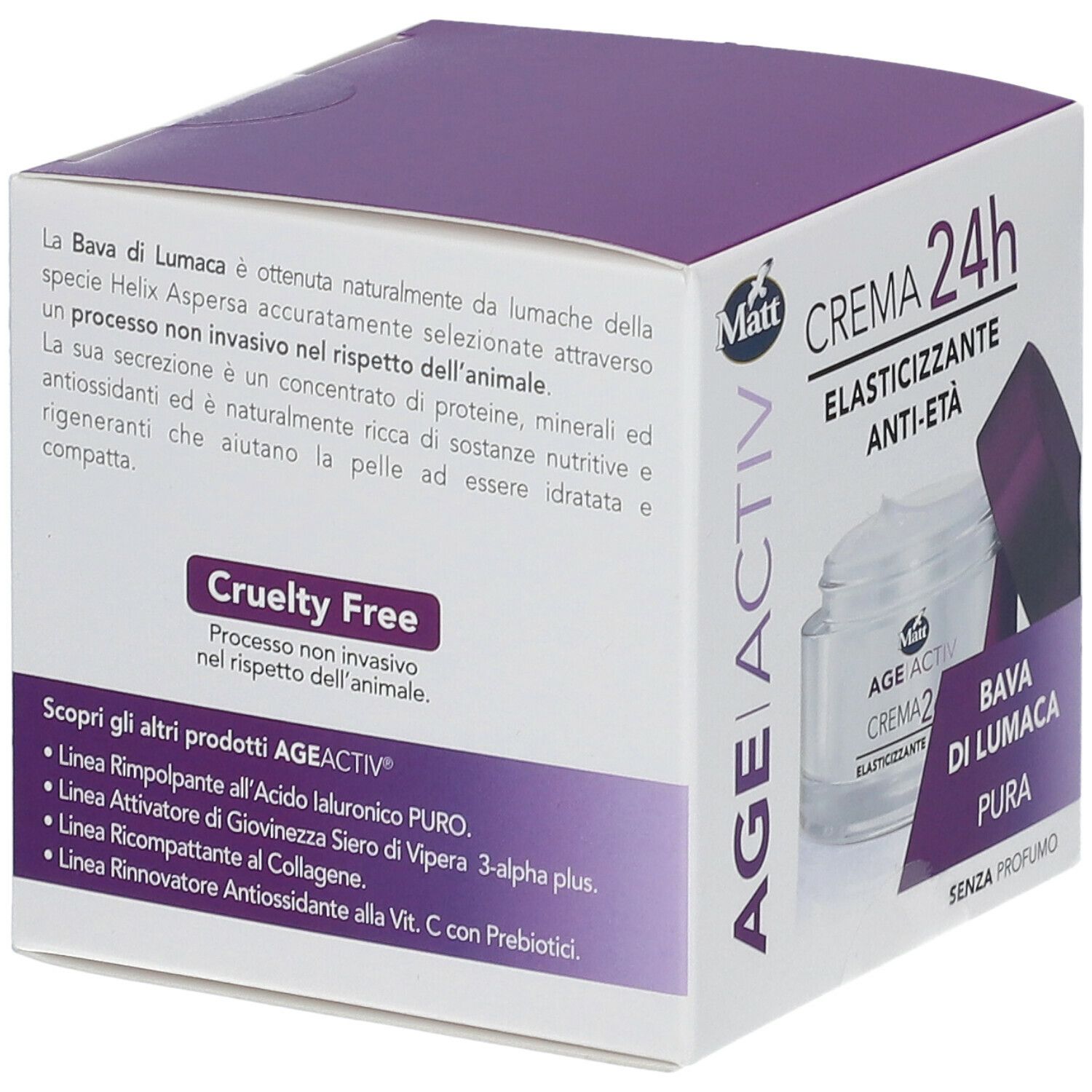 Confezione Matt® Crema 24h Elasticizzante Anti-età Bava di Lumaca. Testo e logo Cruelty Free. Contiene Bava di Lumaca Pura.