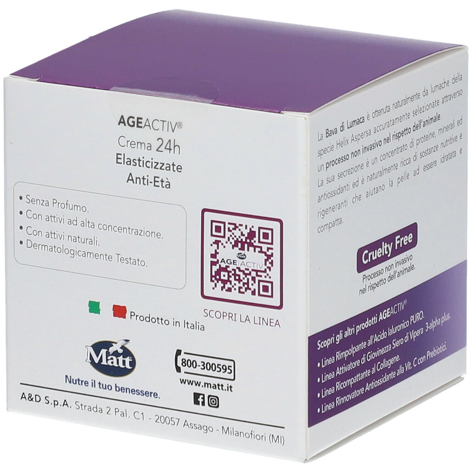 Retro confezione Matt® Crema 24h Elasticizzante Anti-età Bava di Lumaca. Testo e QR code. Contiene Bava di Lumaca Pura.