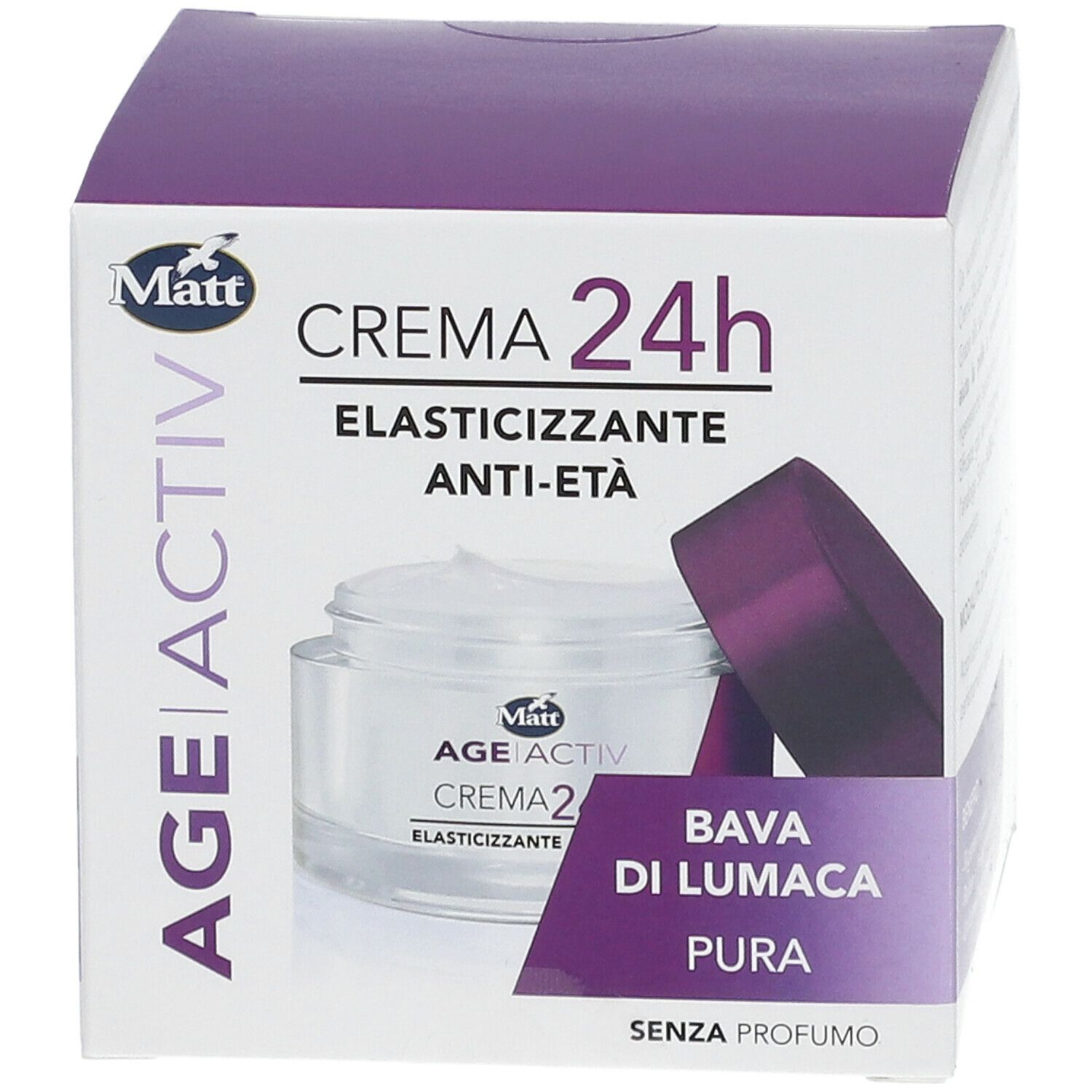 Confezione Matt® Crema 24h Elasticizzante Anti-età Bava di Lumaca. Immagine del prodotto e testo. Contiene Bava di Lumaca Pura.