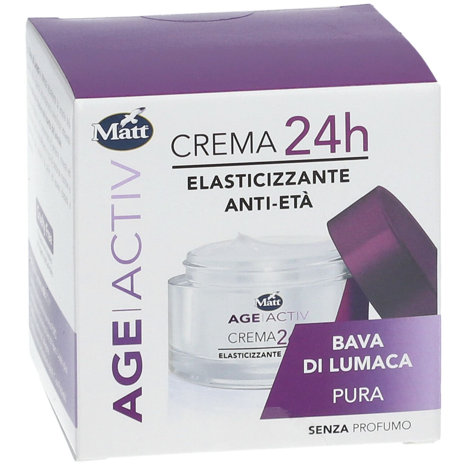 Confezione Matt® Crema 24h Elasticizzante Anti-età Bava di Lumaca. Immagine del prodotto e testo. Contiene Bava di Lumaca Pura.