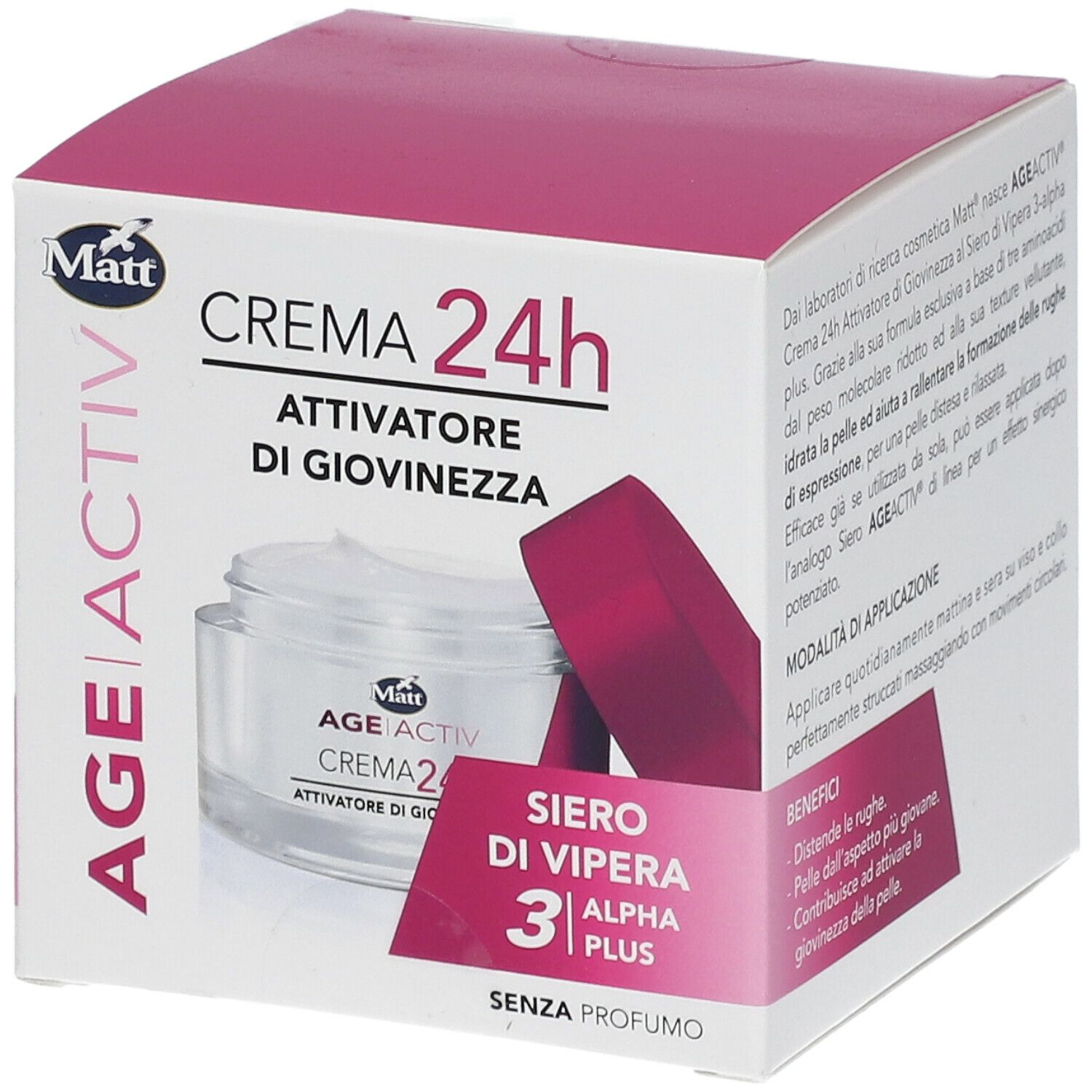 Confezione Matt® Crema 24h Attivatore di Giovinezza. Scatola bianca e rosa con immagine e testo. Contiene Siero di Vipera 3 Alpha Plus.