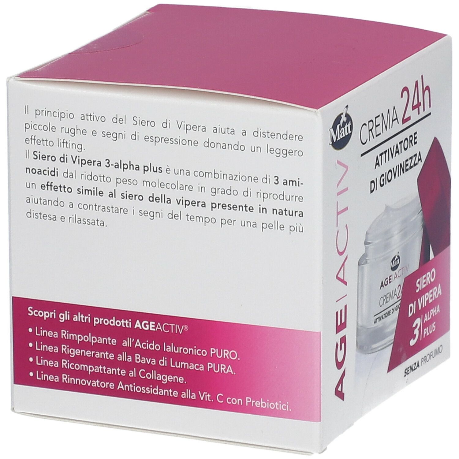 Retro della confezione Matt® Crema 24h Attivatore di Giovinezza. Testo sugli ingredienti e le linee di prodotti. Coperchio rosa.