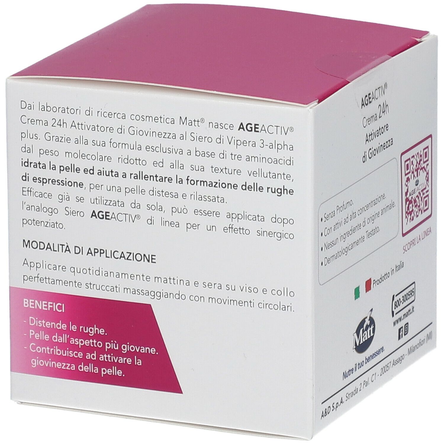 Lato della confezione Matt® Crema 24h Attivatore di Giovinezza. Testo sull'uso e i benefici. Coperchio rosa.