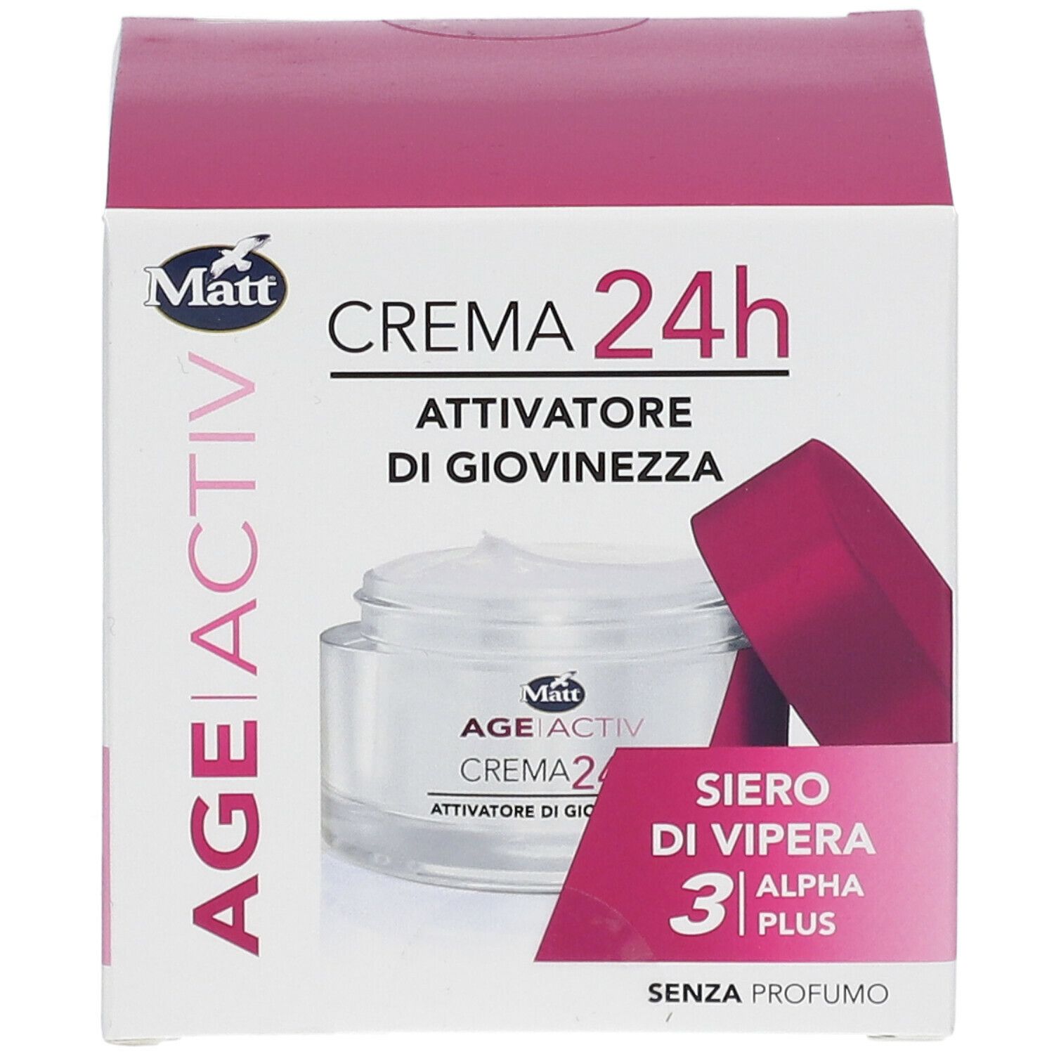 Fronte della confezione Matt® Crema 24h Attivatore di Giovinezza. Scatola bianca e rosa con immagine e testo. Contiene Siero di Vipera 3 Alpha Plus.