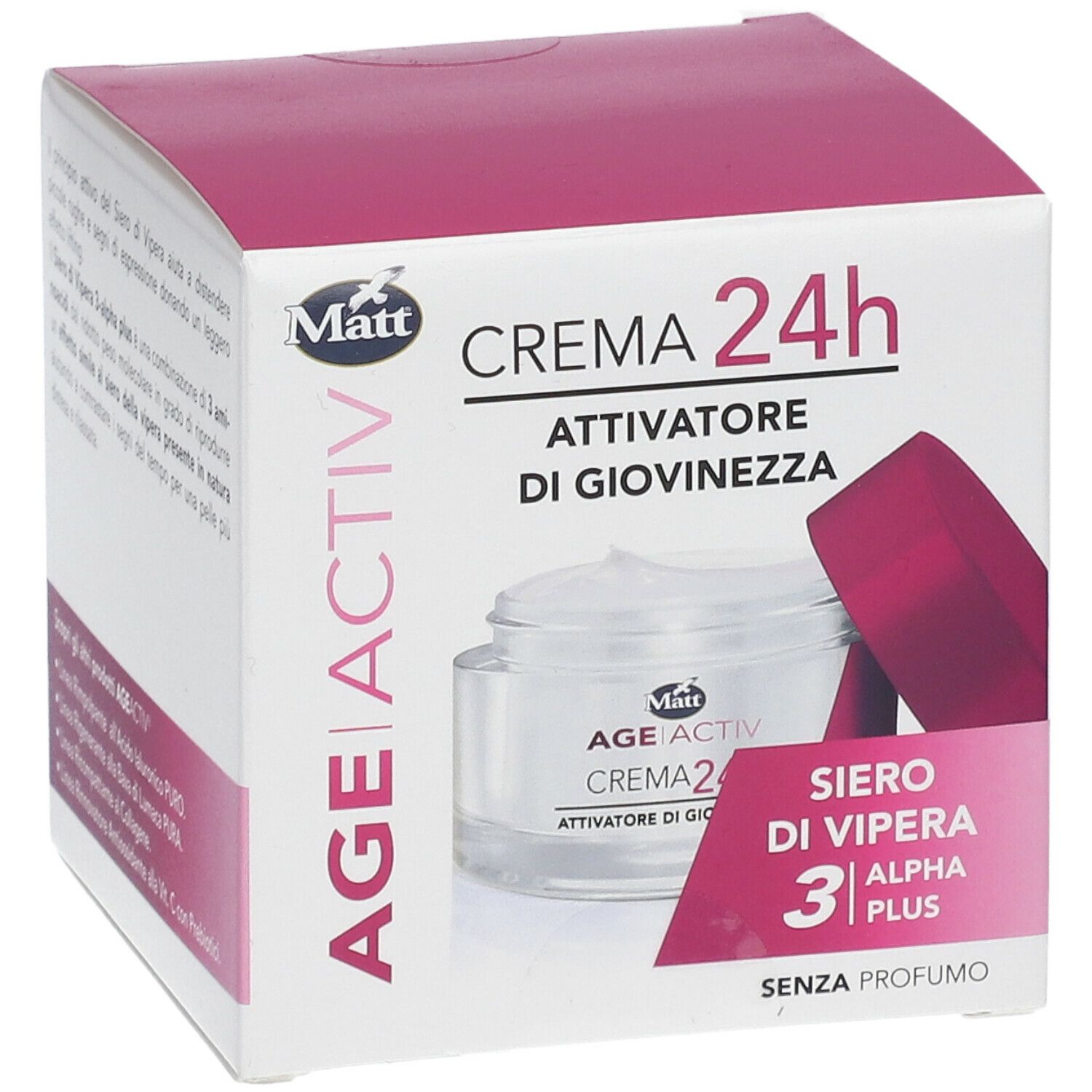 Fronte della confezione Matt® Crema 24h Attivatore di Giovinezza. Scatola bianca e rosa con immagine e testo. Contiene Siero di Vipera 3 Alpha Plus.