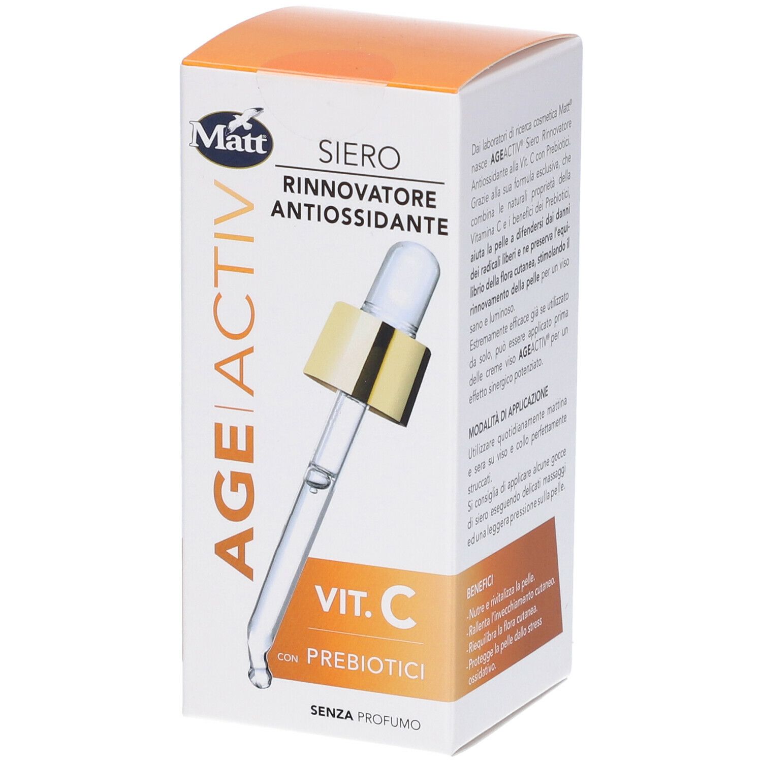 Confezione di Matt® Siero Rinnovatore Antiossidante. Con contagocce. Contiene Vitamina C e prebiotici. Senza profumo.