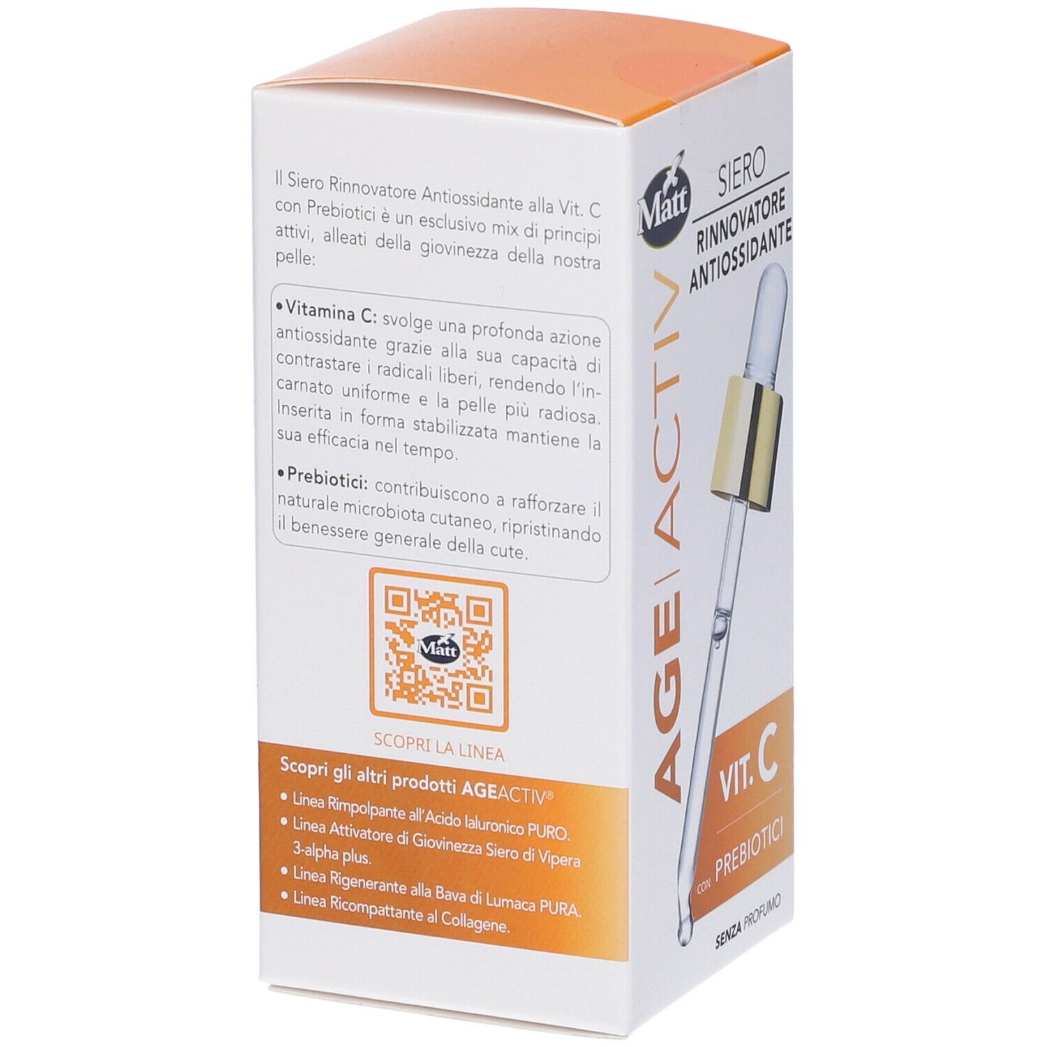 Retro confezione Matt® Siero Rinnovatore Antiossidante. Testo e codice QR. Contiene Vitamina C e prebiotici.