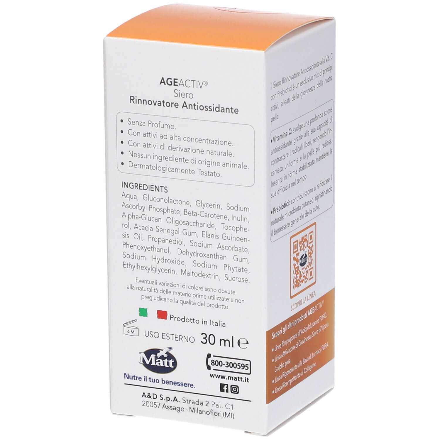 Confezione Matt® Siero Rinnovatore Antiossidante. Elenco ingredienti e testo. 30 ml. Prodotto in Italia.