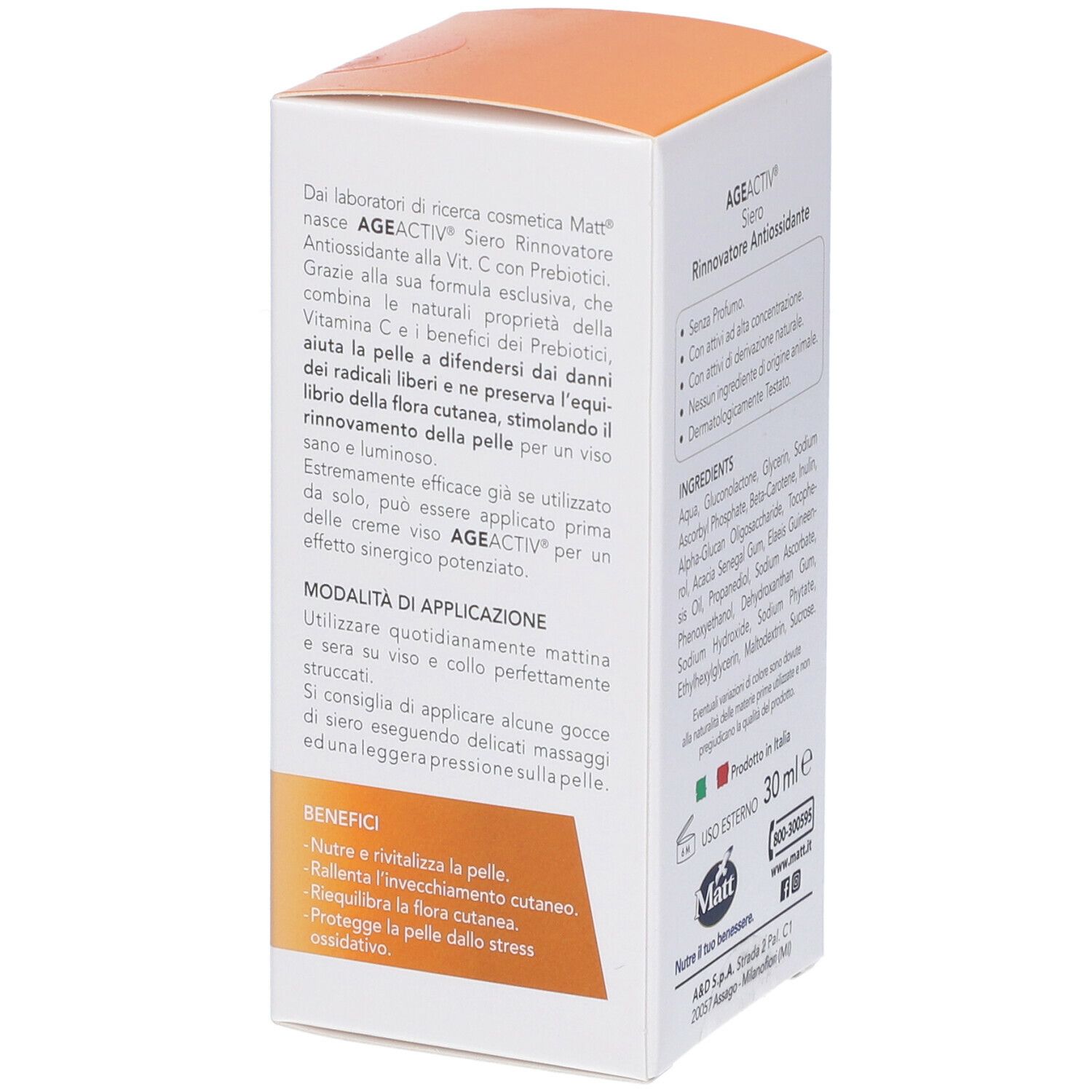 Confezione Matt® Siero Rinnovatore Antiossidante. Testo e istruzioni per l'uso. 30 ml. Prodotto in Italia.