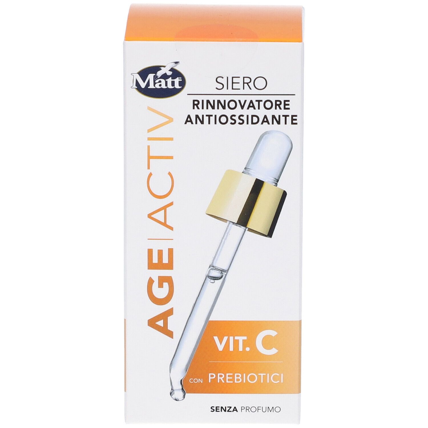 Confezione di Matt® Siero Rinnovatore Antiossidante. Con contagocce. Contiene Vitamina C e prebiotici. Senza profumo.
