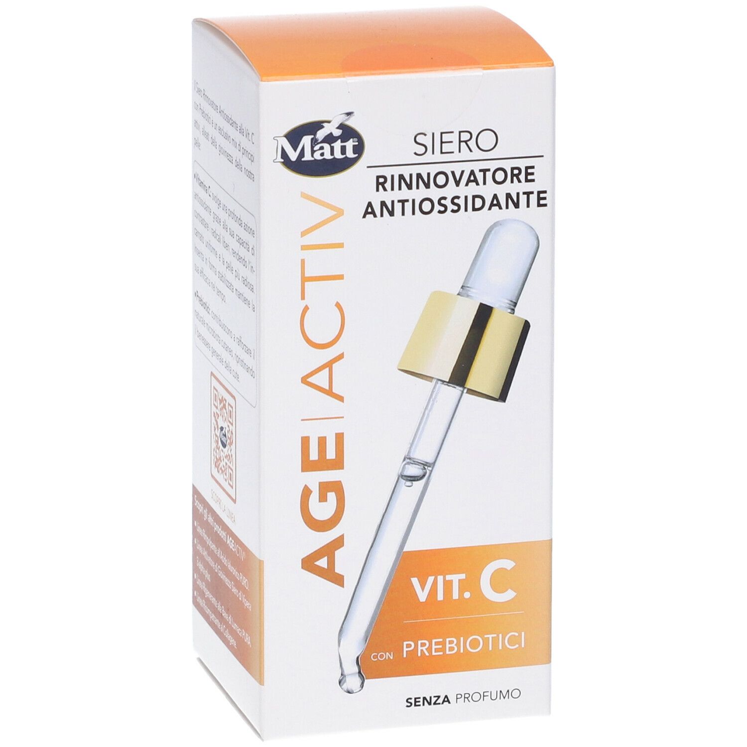 Confezione di Matt® Siero Rinnovatore Antiossidante. Con contagocce. Contiene Vitamina C e prebiotici. Senza profumo.